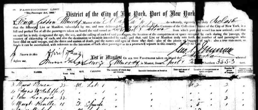 Maggie Keville's passage, 1884